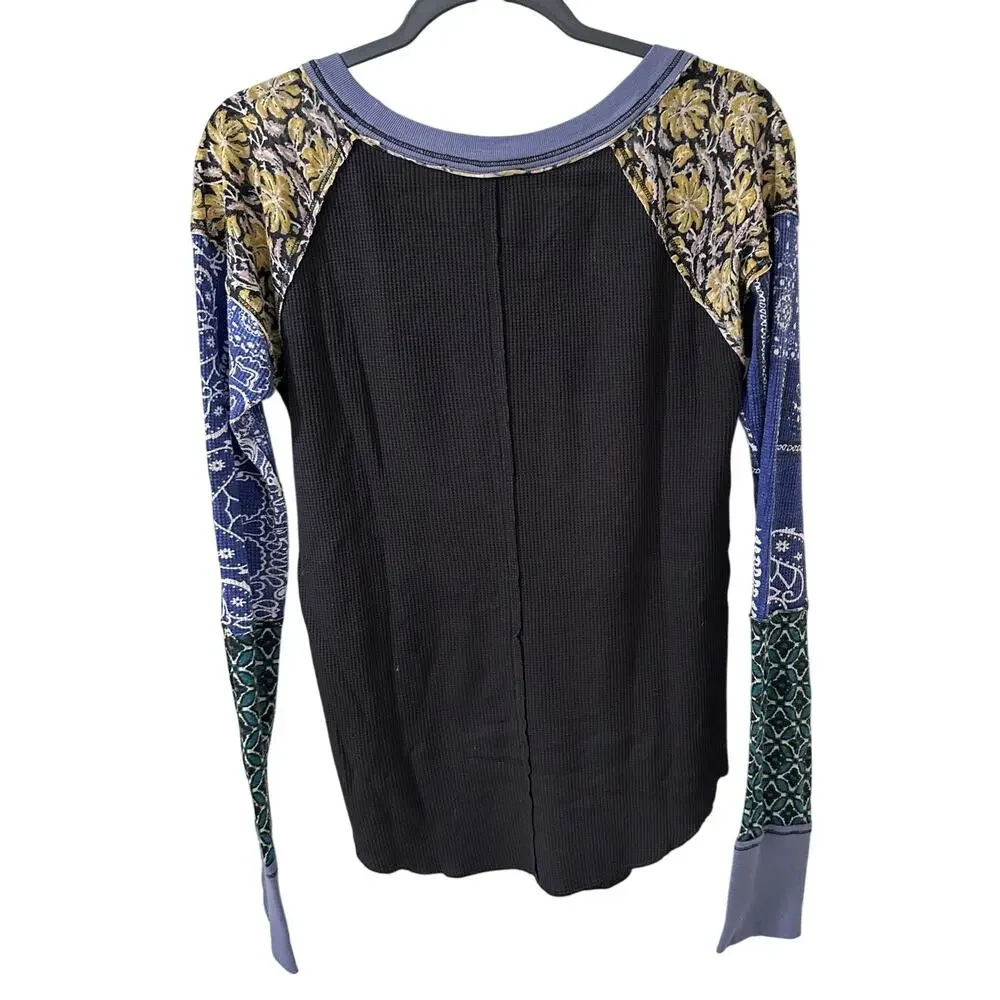 Free People Mixed Print Thermal Top Waffle Knit Raglan Bandana Print Boho M